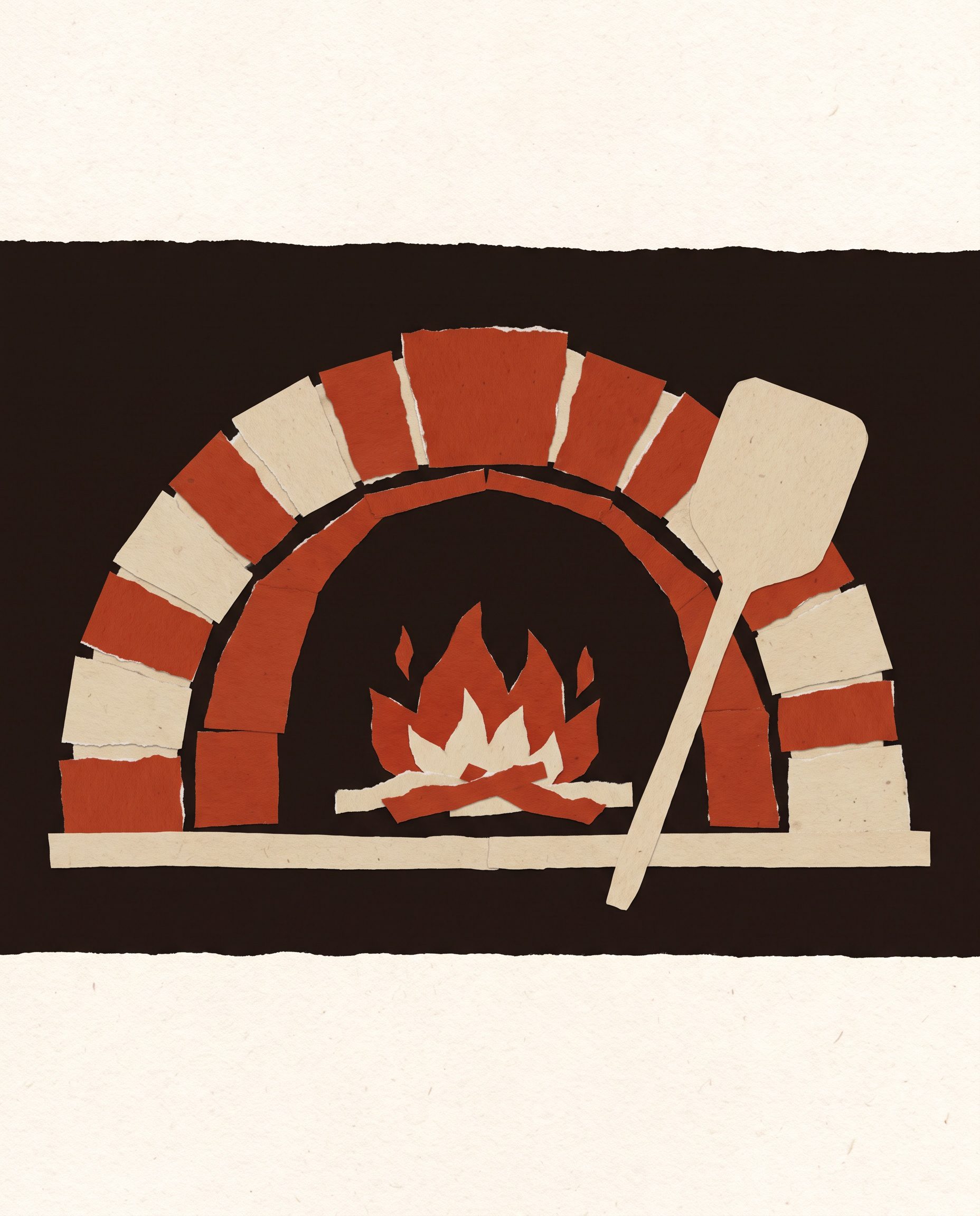 Un collage di carta ritagliata: la bocca di un forno a legna con il fuoco dentro e una pala appoggiata all'apertura.
